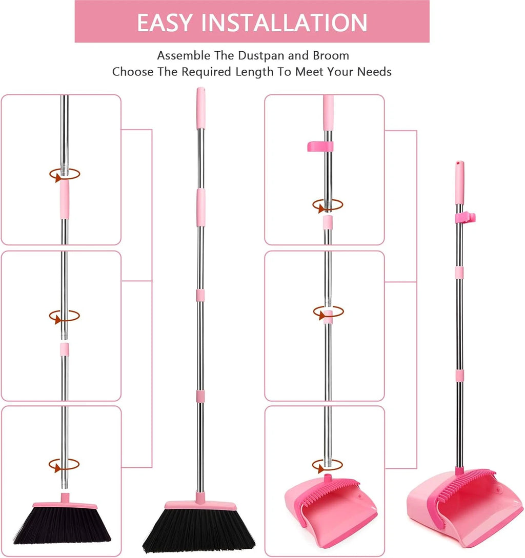 Pink Broom & Dustpan Set – Long Handle Heavy Duty Combo for Home & Office