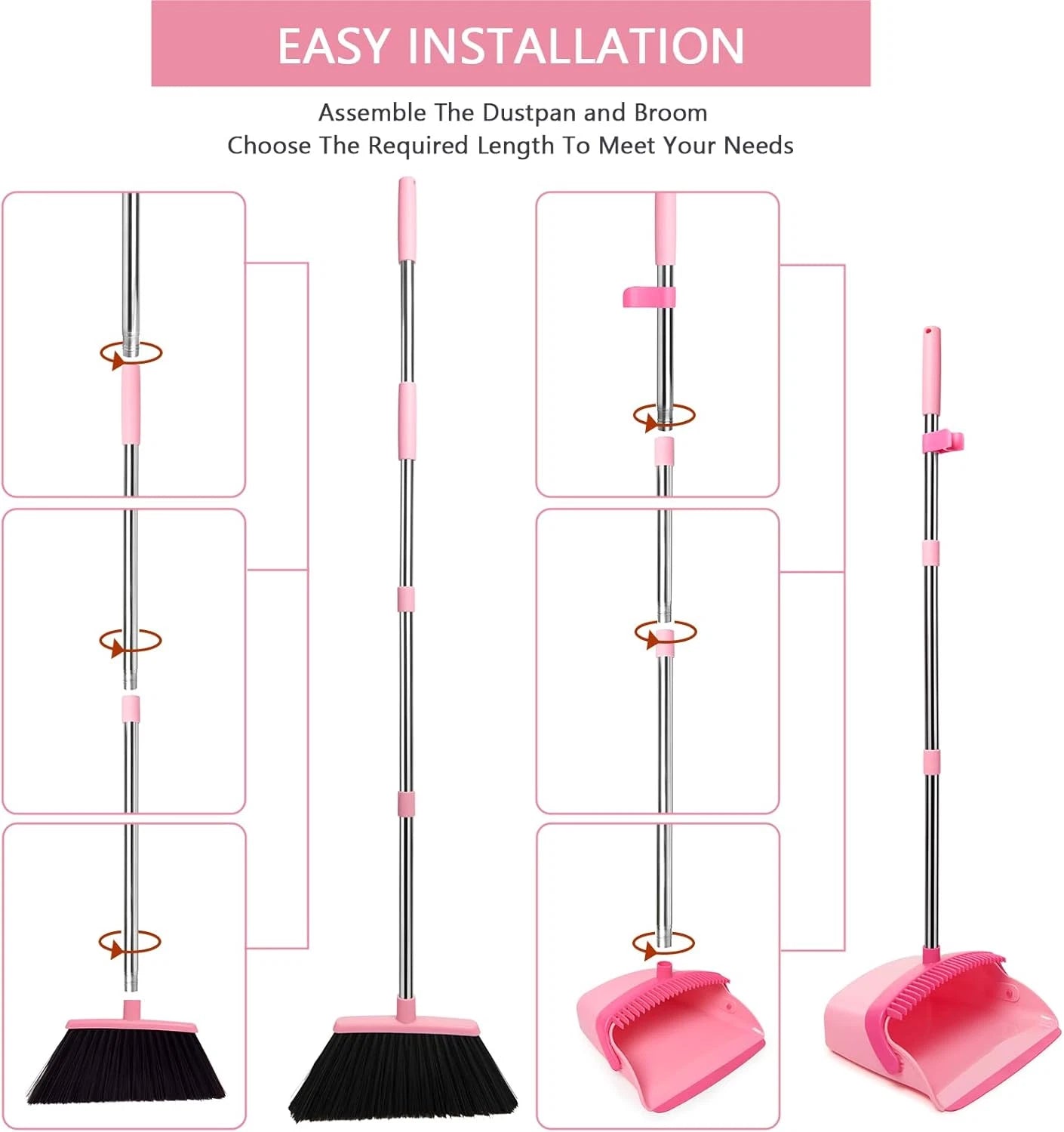 Pink Broom & Dustpan Set – Long Handle Heavy Duty Combo for Home & Office