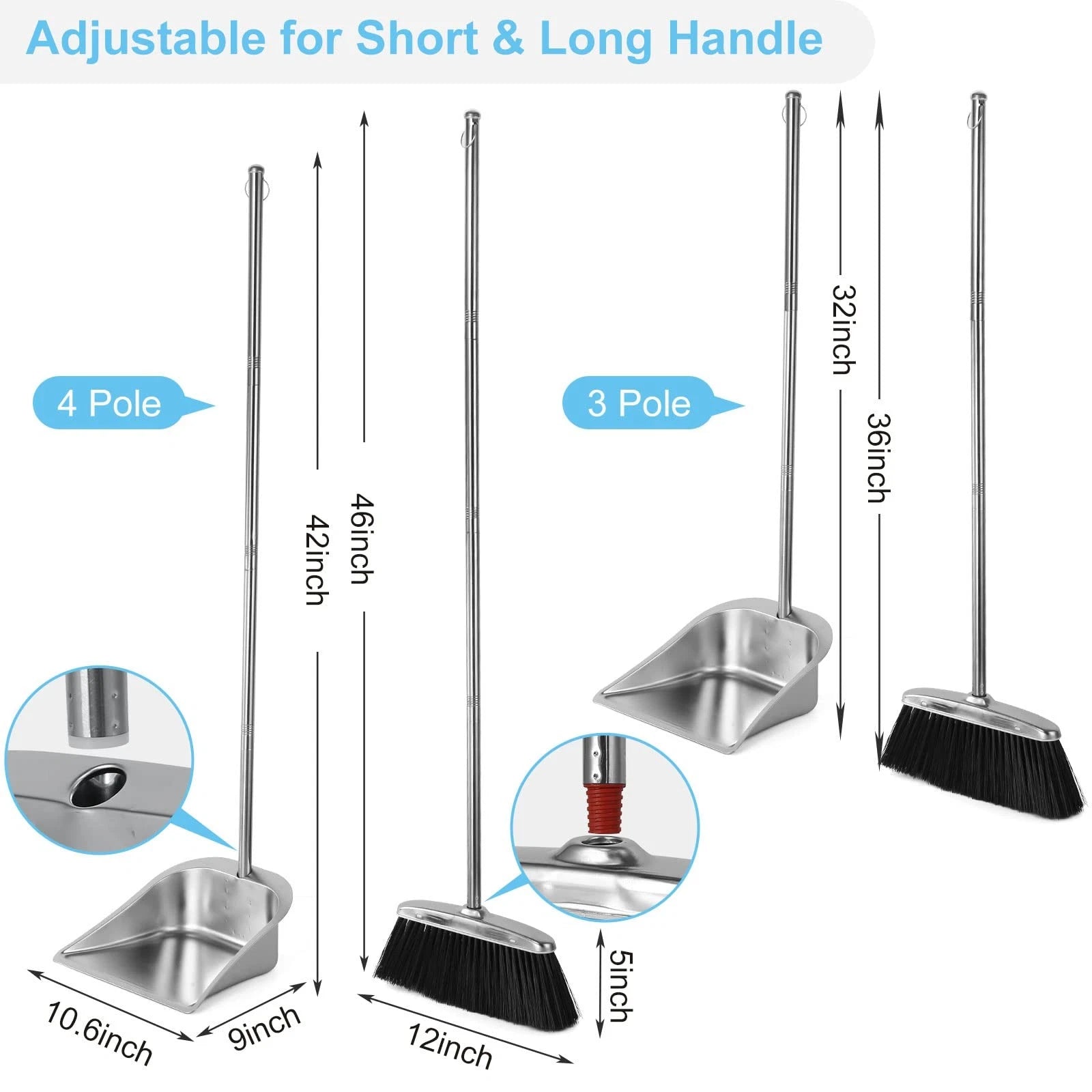Heavy Duty Stainless Steel Broom and Dustpan Set with Long Handle