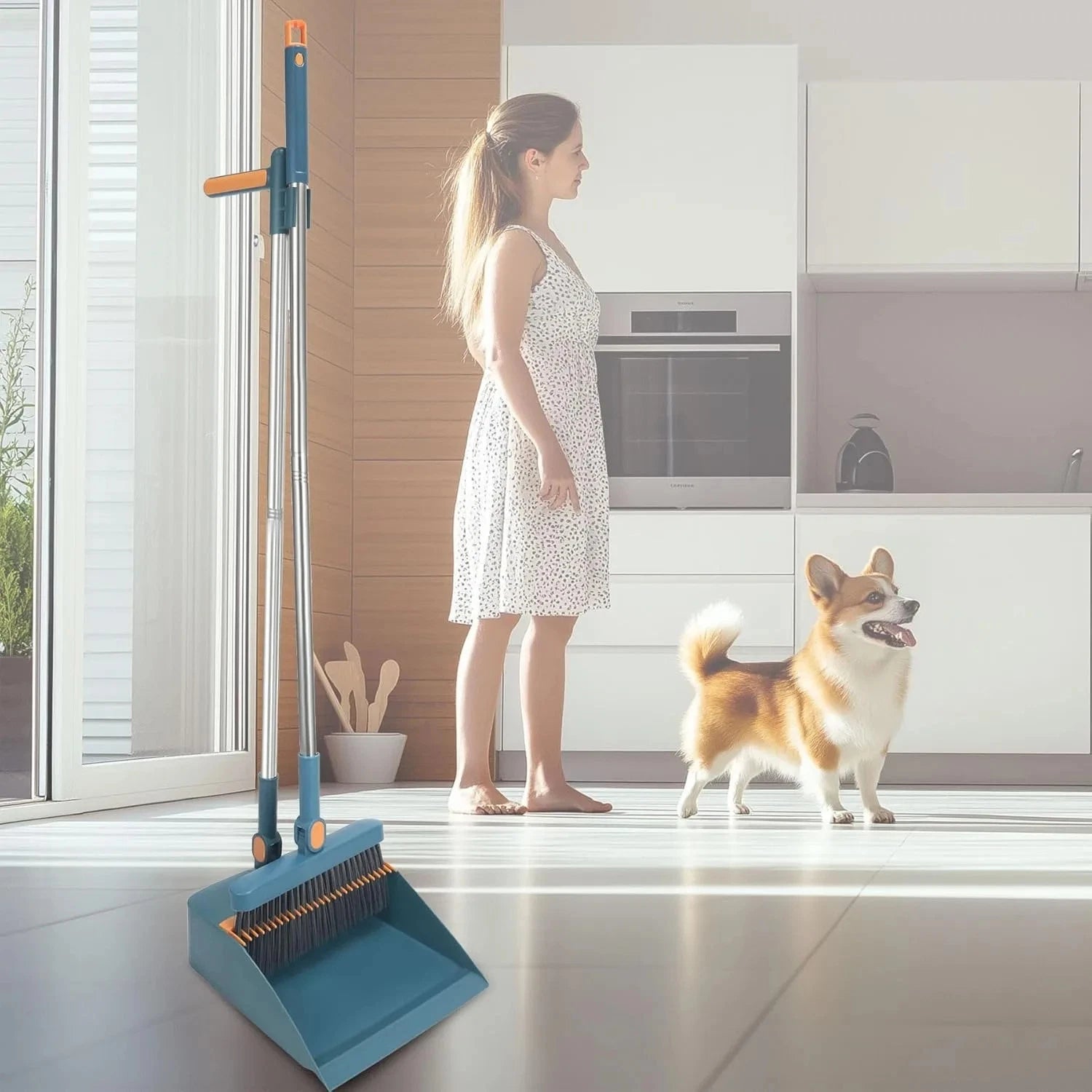 Broom and Dustpan Combo Set, Long Handled Adjustable Broom and Dustpan Set，New！