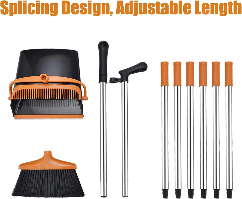 Broom and Dustpan Set with Long Handle, Windproof Stand up Dustpan with Broom Co