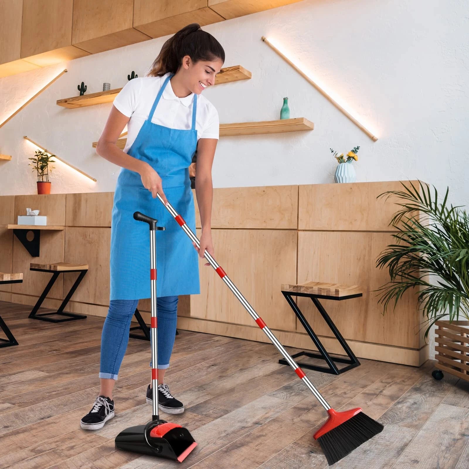 Broom and Dustpan Set 55" Long Handle Lobby Brooms Home Kitchen Floor Red
