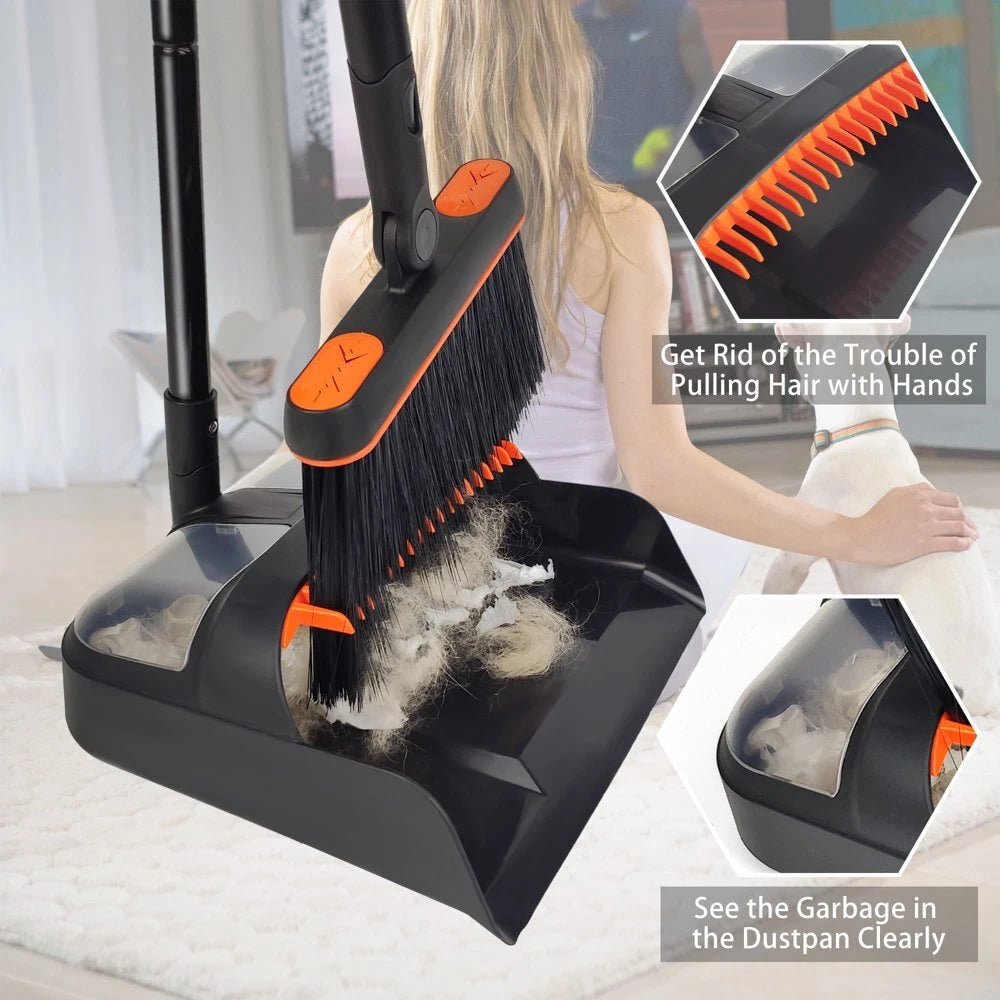 54 Inches Long Handle Broom and Dustpan Set for Home (Black Orange)