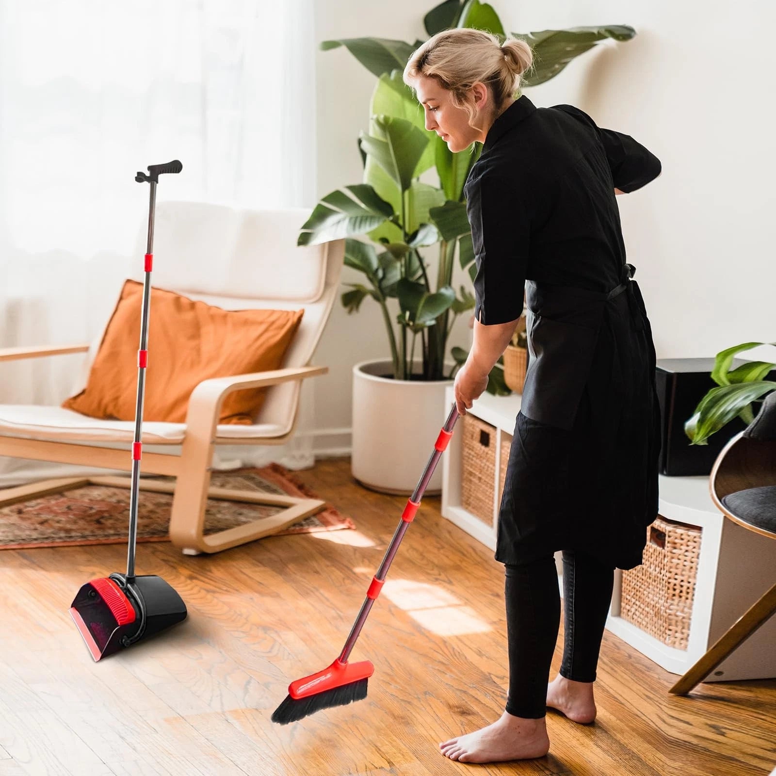 Broom with Dustpan Combo Set 54" Long Handle Adjustable Length Stainless Stee...