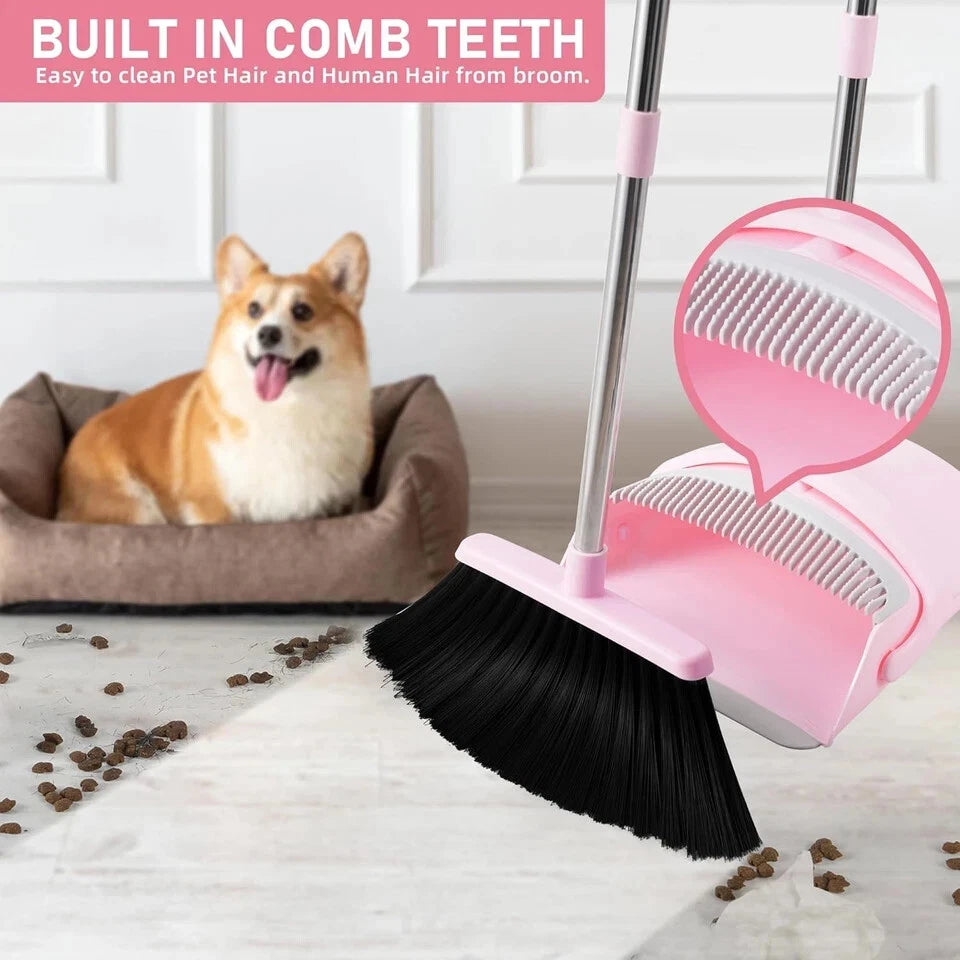 Broom and Dustpan Set, 52” Long Adjustable Handle Broom with Dustpan Combo Set w