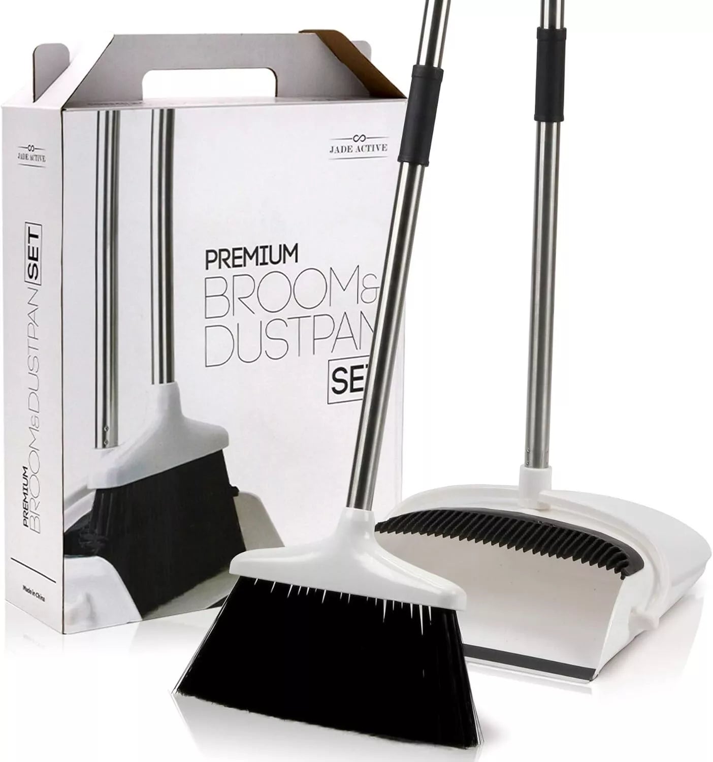 Premium Broom and Dustpan Set Standing Black White Lobby Office Home Salon Tall