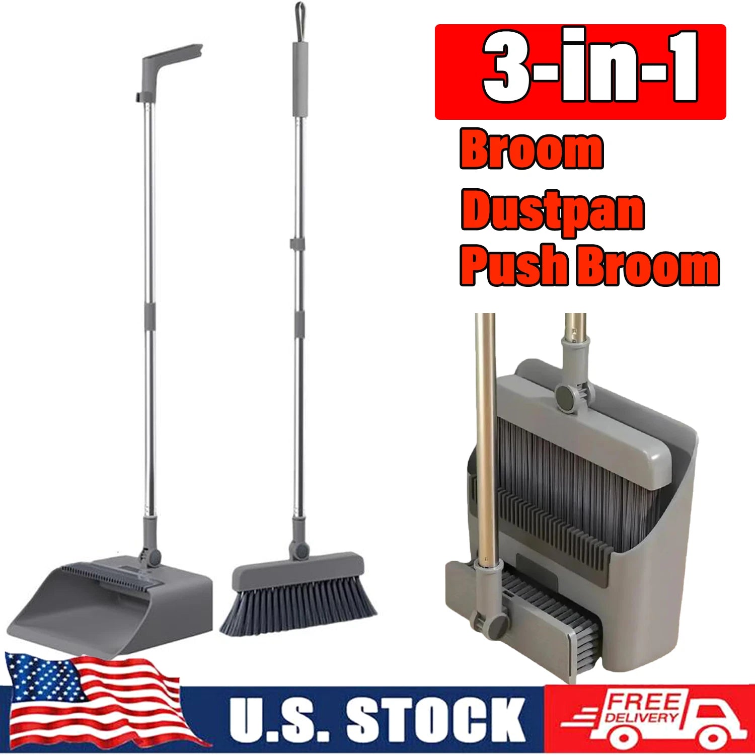 Broom & Dustpan Set 36-In Long Adjustable Handle Home Kitchen Office Hall Floor