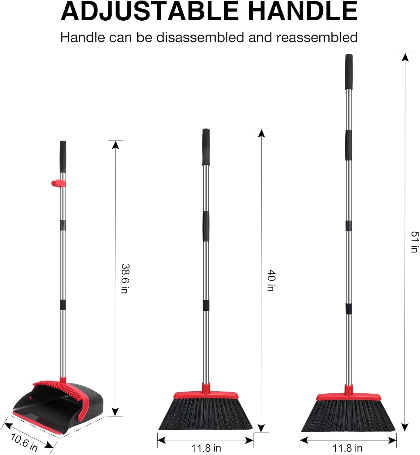 52 Inch Broom and Dustpan Set Adjustable Handle Dustpan Teeth Hair Cleaner