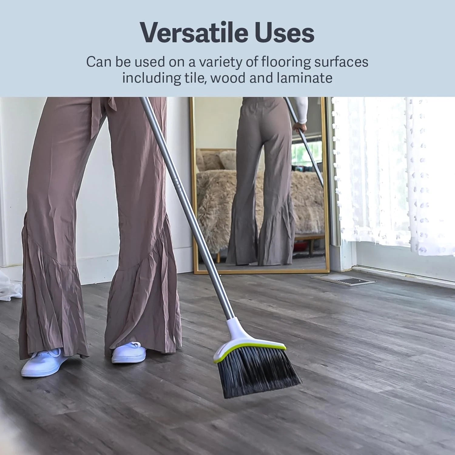 Basics 2 Piece Angled Broom Dustpan Set 44 Inch Long Handle Silver Green