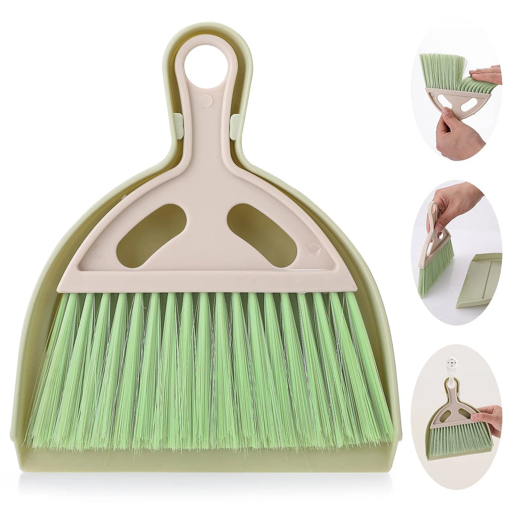 Small Broom and Dustpan Cleaning Set, Mini Whisk Dustpan and Brush (Green)