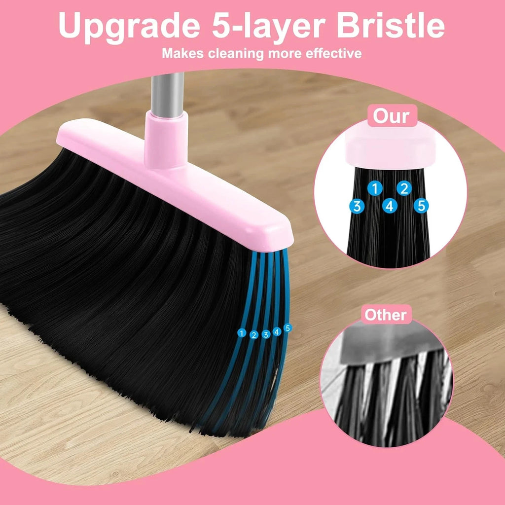Pink Broom and Dustpan Set, 52” Long Adjustable Handle Broom with Dustpan Combo
