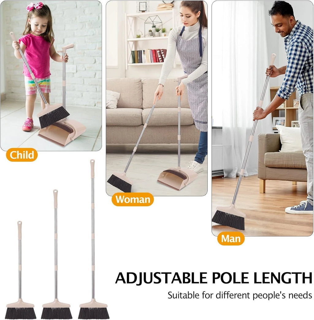 Broom and Dustpan Set with Long Handle, Light Weight Stainless Steel Poles Stand