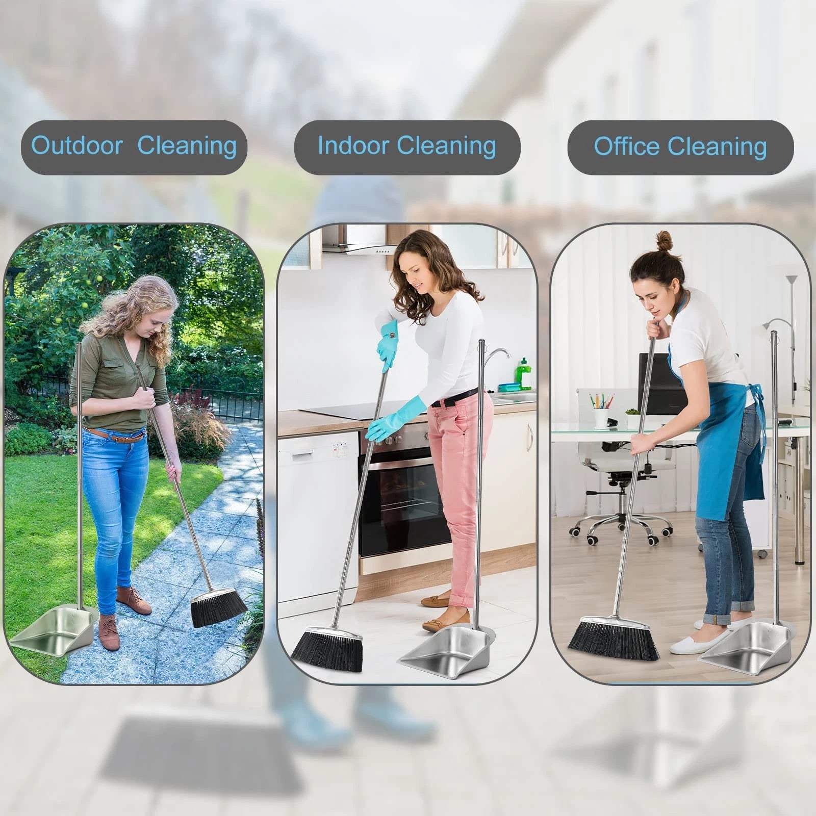 Heavy Duty Stainless Steel Broom and Dustpan Set with Long Handle