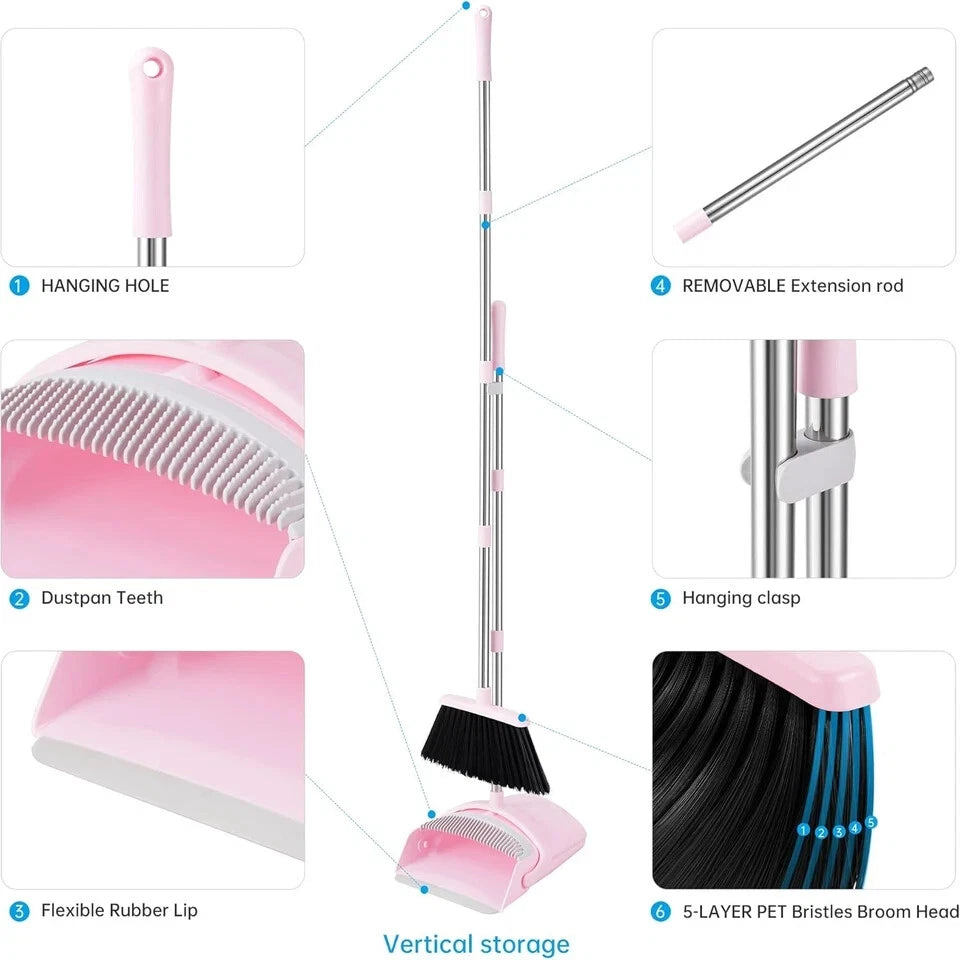 Broom and Dustpan Set, 52” Long Adjustable Handle Broom with Dustpan Combo Set w