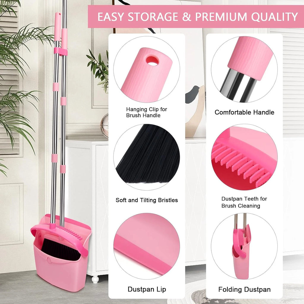 Pink Broom & Dustpan Set – Long Handle Heavy Duty Combo for Home & Office