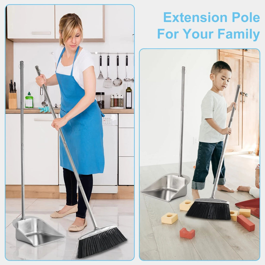 Heavy Duty Stainless Steel Broom and Dustpan Set with Long Handle