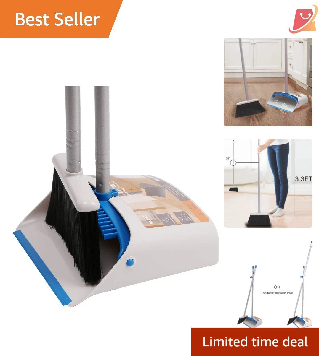 Broom and Dustpan Set Metal Plastic 40.5"-52" Long Handle Easy Floor Cleaning