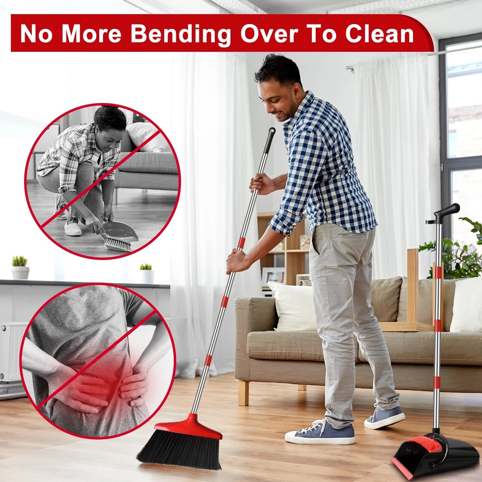 Broom and Dustpan Set 55" Long Handle Lobby Brooms Home Kitchen Floor Red