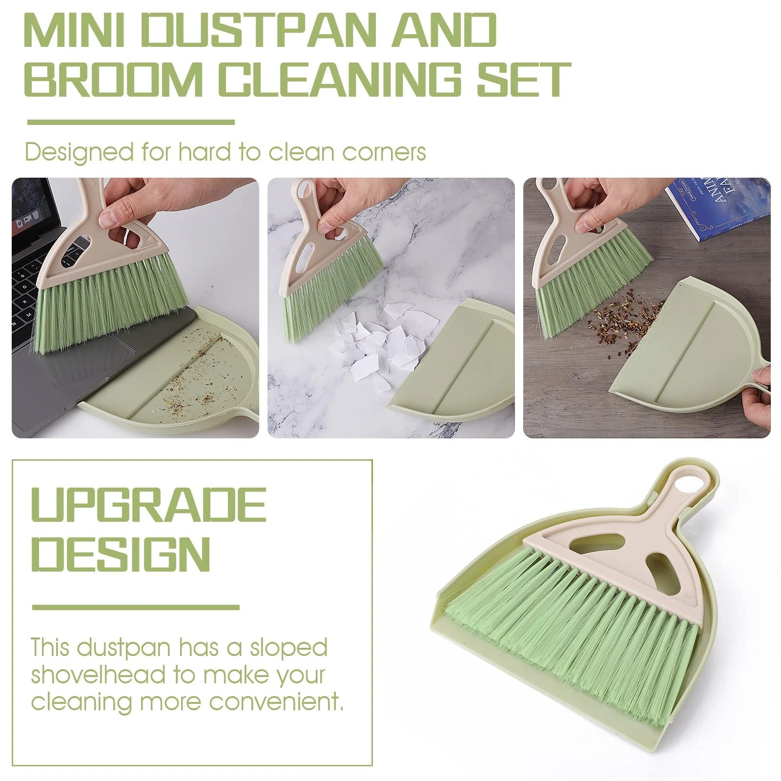 Small Broom and Dustpan Cleaning Set, Mini Whisk Dustpan and Brush (Green)