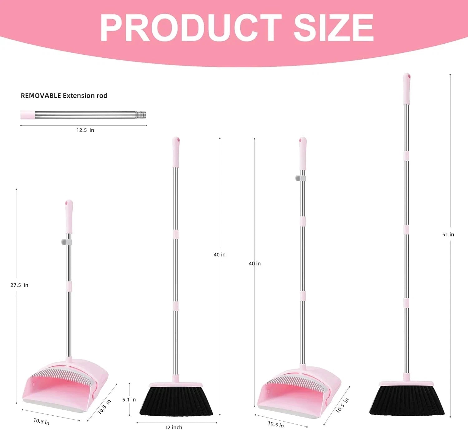 Pink Broom and Dustpan Set, 52” Long Adjustable Handle Broom with Dustpan Combo