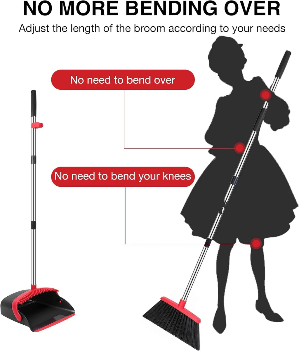 52 Inch Broom and Dustpan Set Adjustable Handle Dustpan Teeth Hair Cleaner