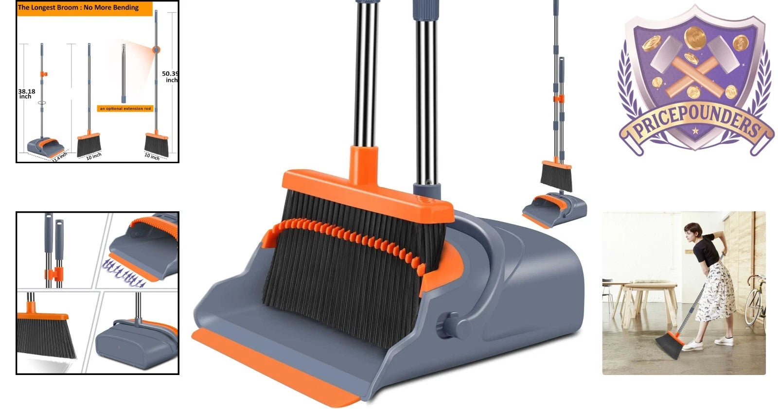 Broom Dustpan Set Stainless Steel 38-50in Heavy Duty Self-Cleaning Indoor Out...