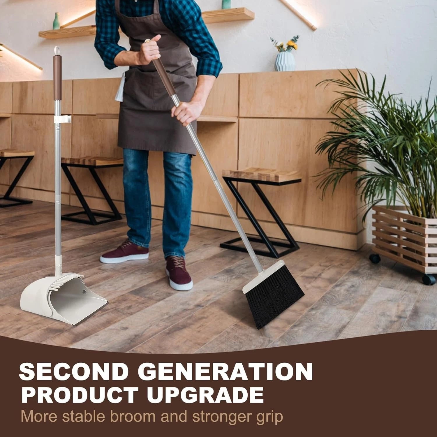 Broom & Dustpan Set - 54" Long Handle, Upright Lightweight for Home/Kitchen