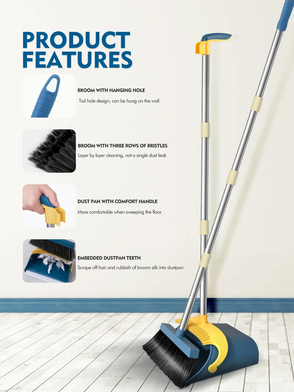 Upgrade Broom and Dustpan Set for Home,Self-Cleaning with Dustpan Teeth,51.2In,S