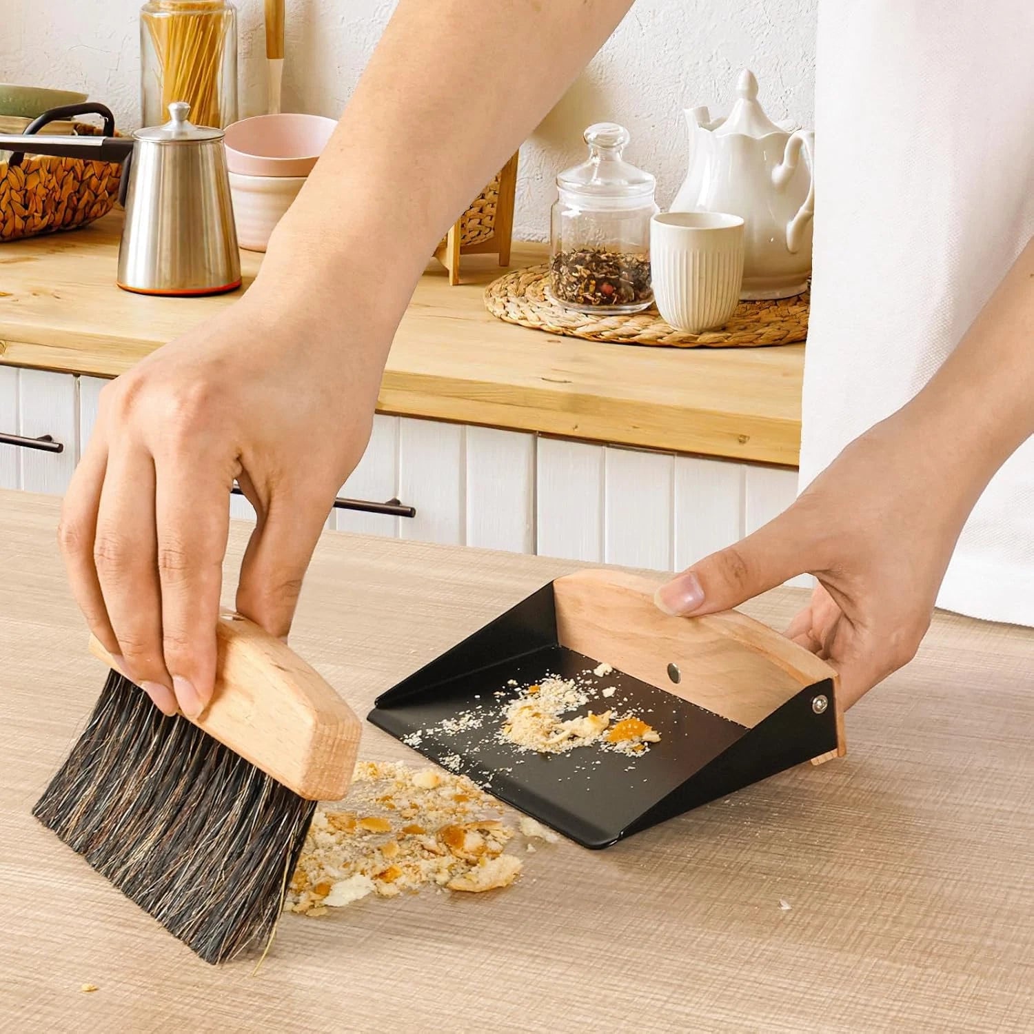 Small Dust Pan and Brush Set, Mini Hand Broom and Dustpan Set, Wooden Crumb Swee