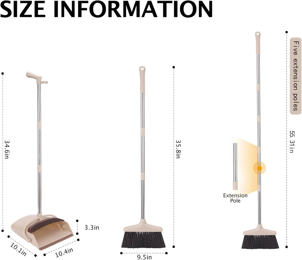 Broom and Dustpan Set with Long Handle, Light Weight Stainless Steel Poles