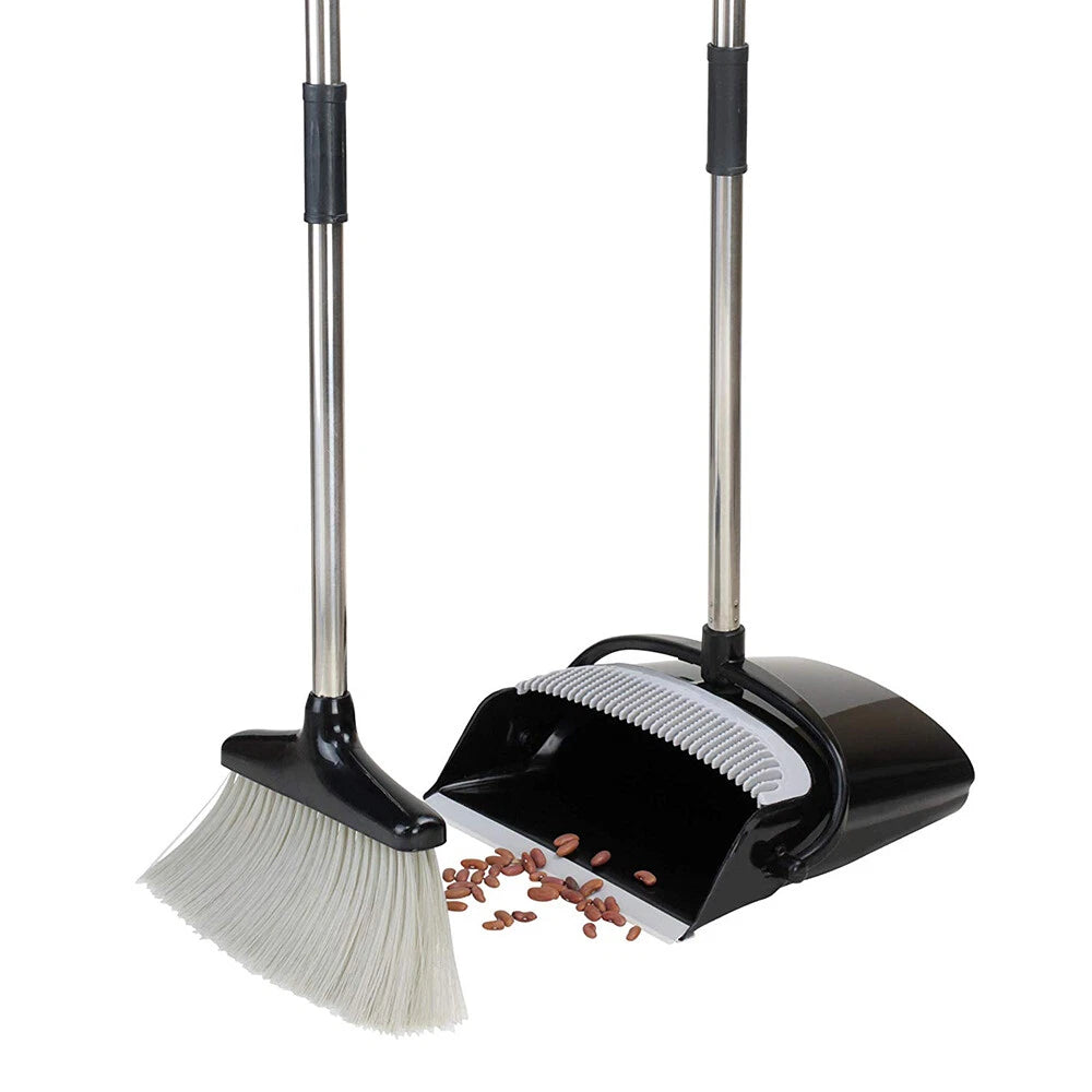 Rotatable Broom and Dust Pan Cleaning Set Dustpan Combo Upright Stand Up Black