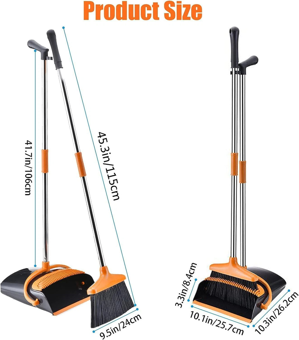 Broom and Dustpan Set with Long Handle, Windproof Stand up Dustpan with Broom Co
