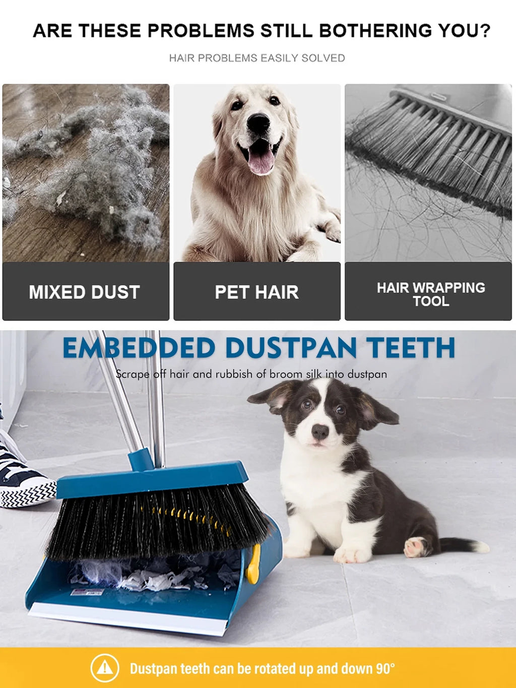 Upgrade Broom and Dustpan Set for Home,Self-Cleaning with Dustpan Teeth,51.2In,S