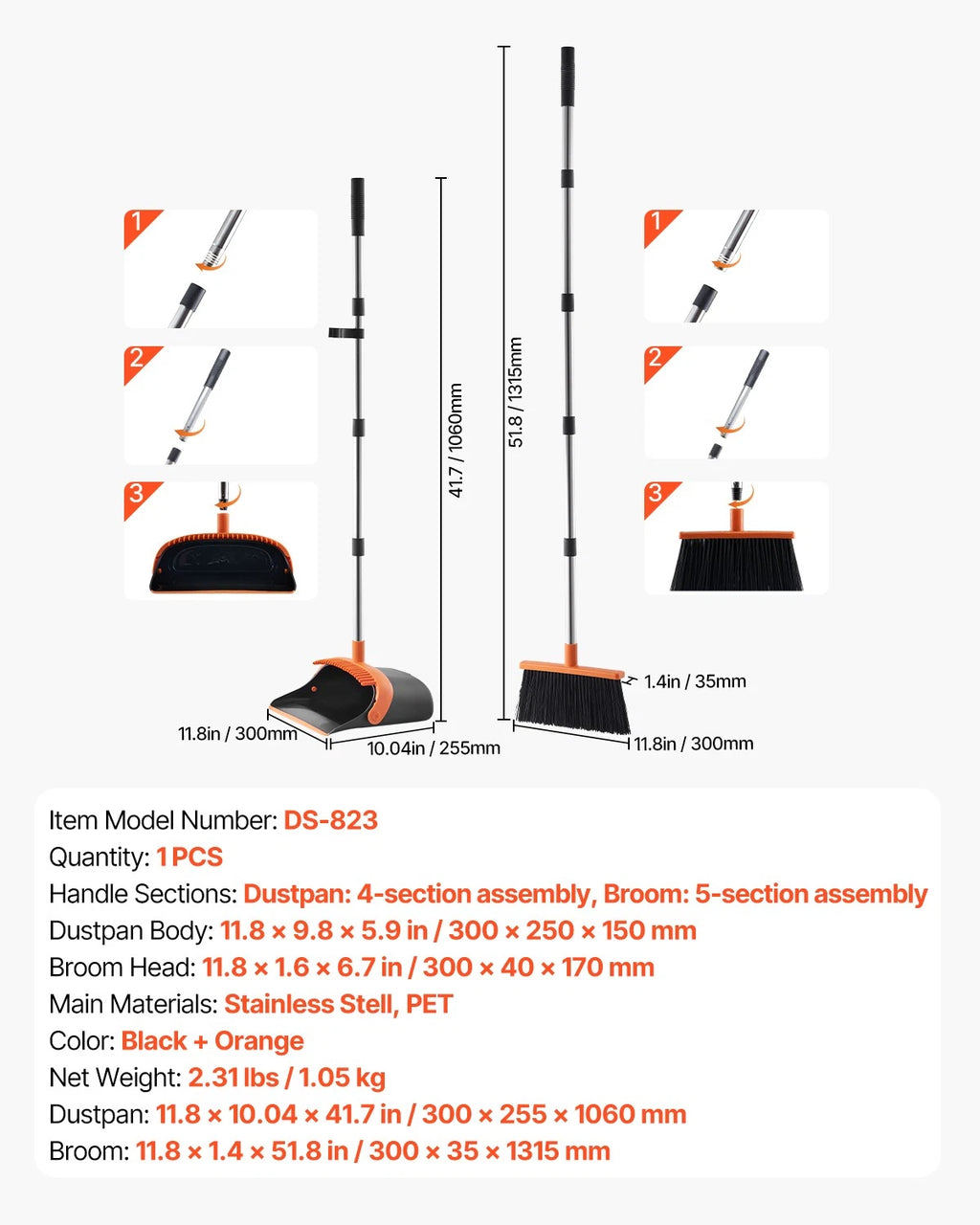 Broom and Dustpan Set with Self-Cleaning Teeth for Home Office Restaurant