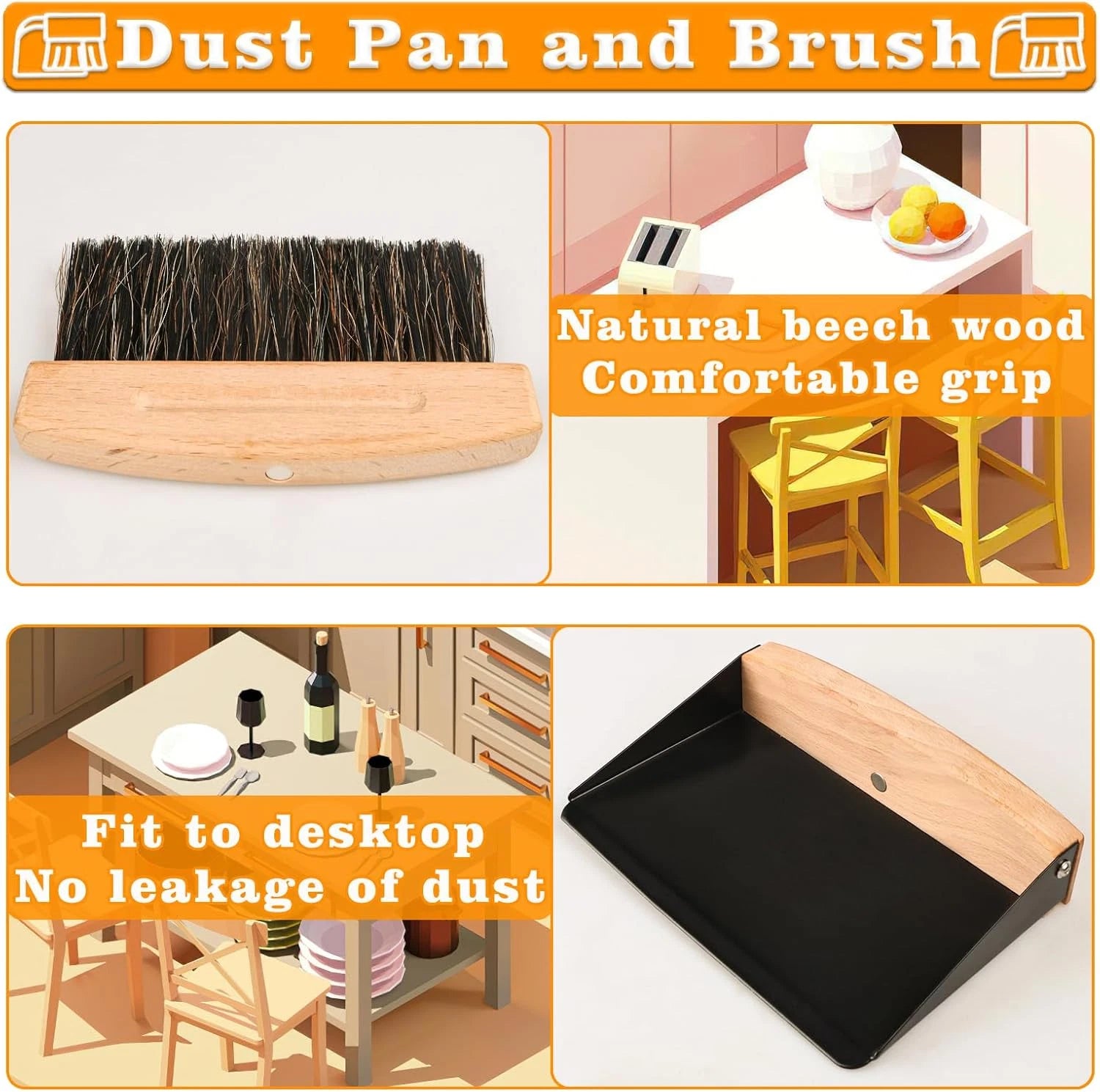 Small Dust Pan and Brush Set, Mini Hand Broom and Dustpan Set, Wooden Crumb Swee
