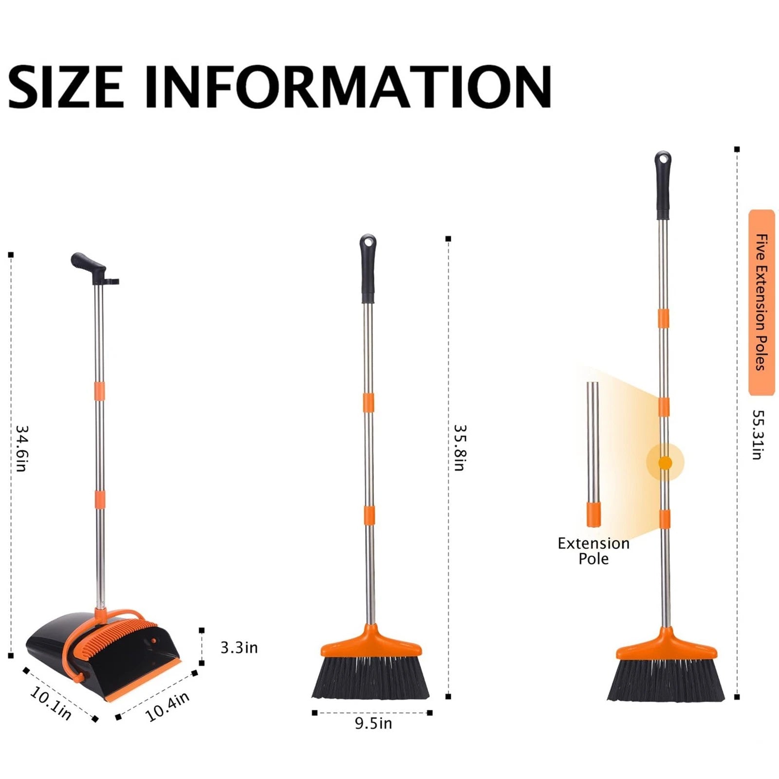 Broom and Dustpan Set with Long Handle Stainless Steel Poles Black/Orange