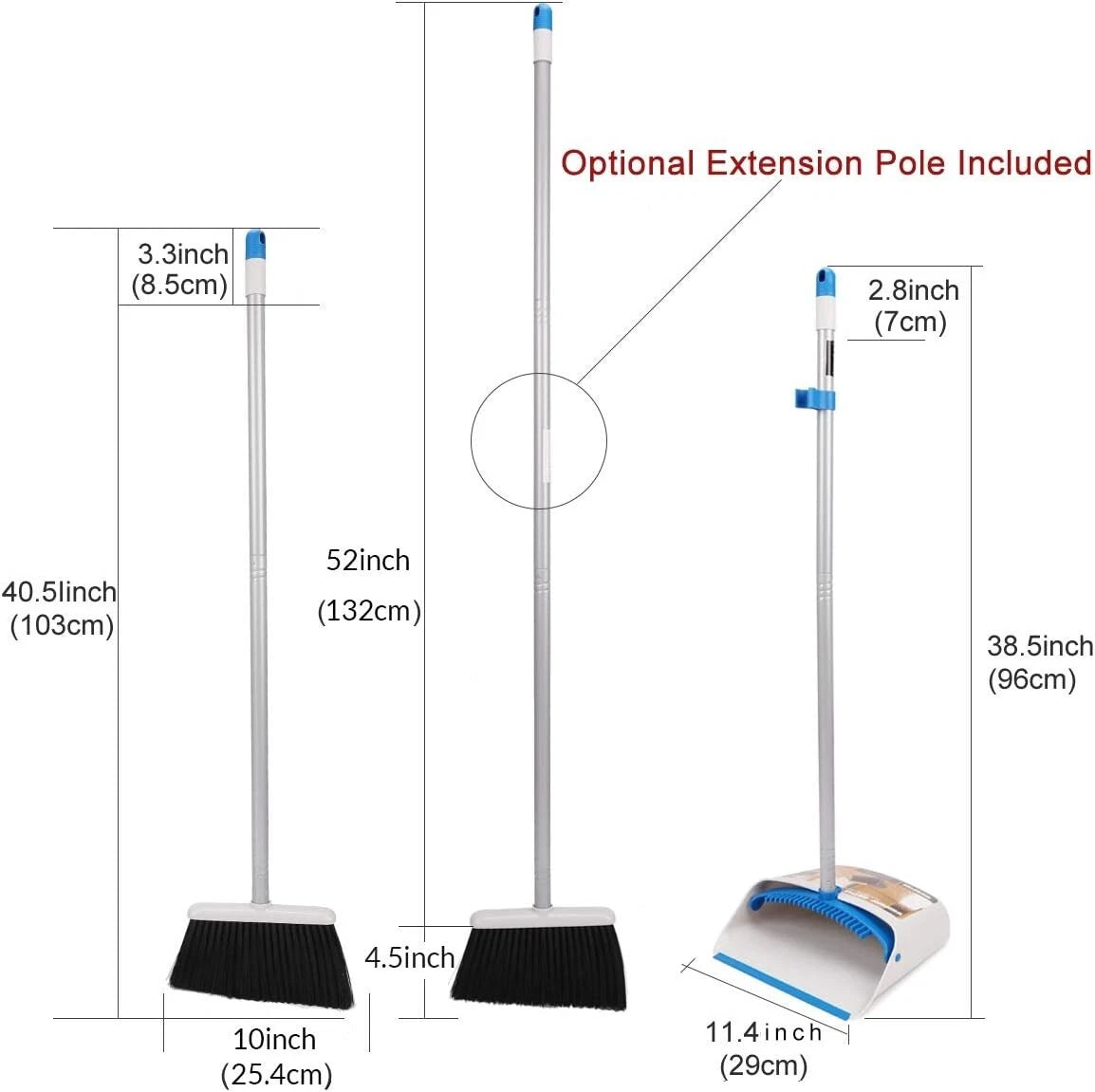 Broom and Dustpan Set Metal Plastic 40.5"-52" Long Handle Easy Floor Cleaning