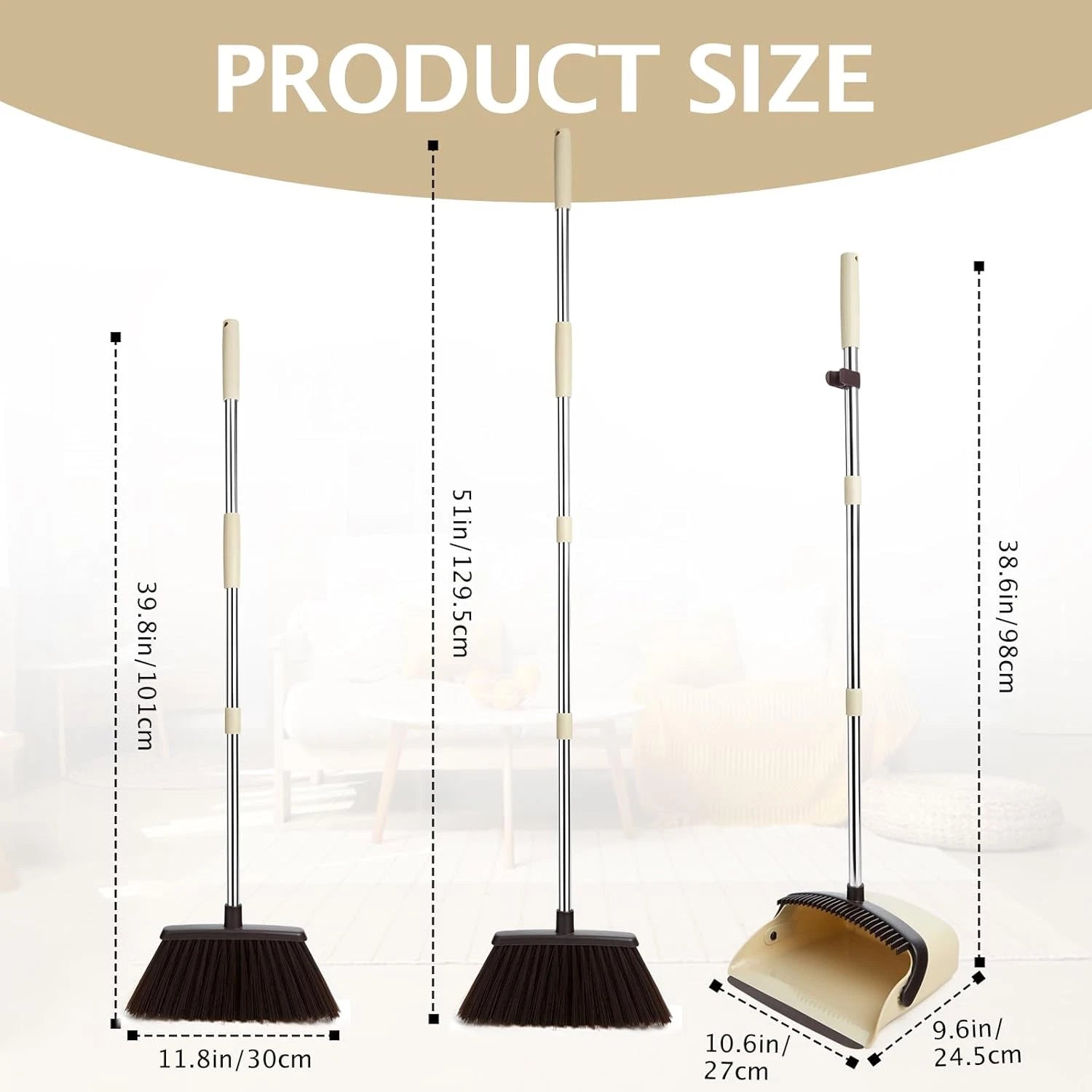 Broom and Dustpan Set Long Handle Heavy Duty Home Kitchen Office Pet Hair Beige