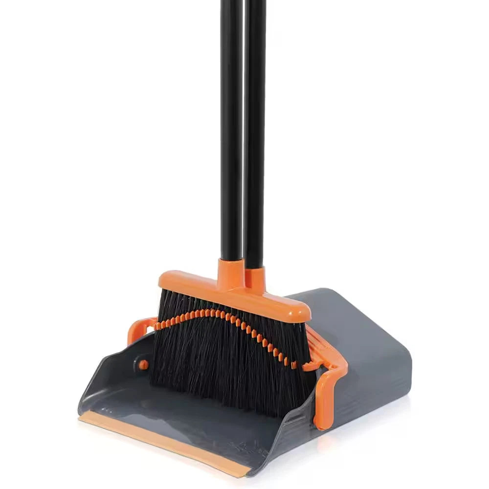 Broom and Dustpan Set with 50" Long Handle for Home Kitchen, Black/Orange