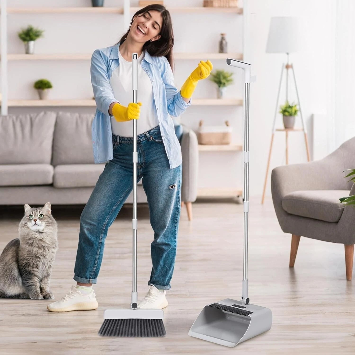 3-In-1 Broom and Dustpan Set Lightweight Upright Lobby Broom and Dust Pan Combo