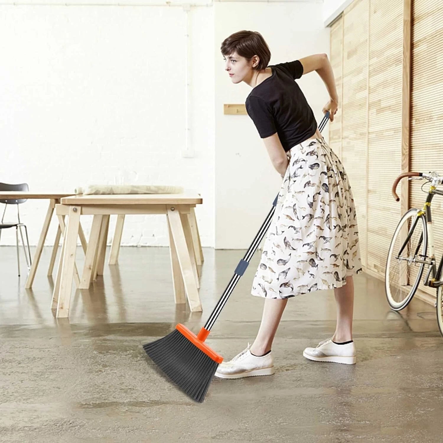 Broom Dustpan Set Stainless Steel 38-50in Heavy Duty Self-Cleaning Indoor Out...