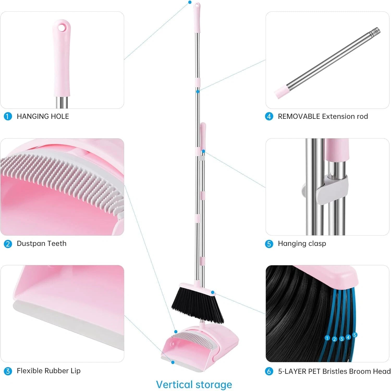 Pink Broom and Dustpan Set, Adjustable Handle Broom and Dustpan Combo Set
