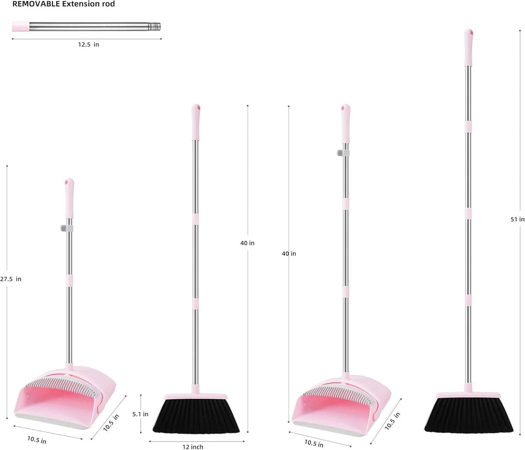 Pink Broom and Dustpan Set, Adjustable Handle Broom and Dustpan Combo Set
