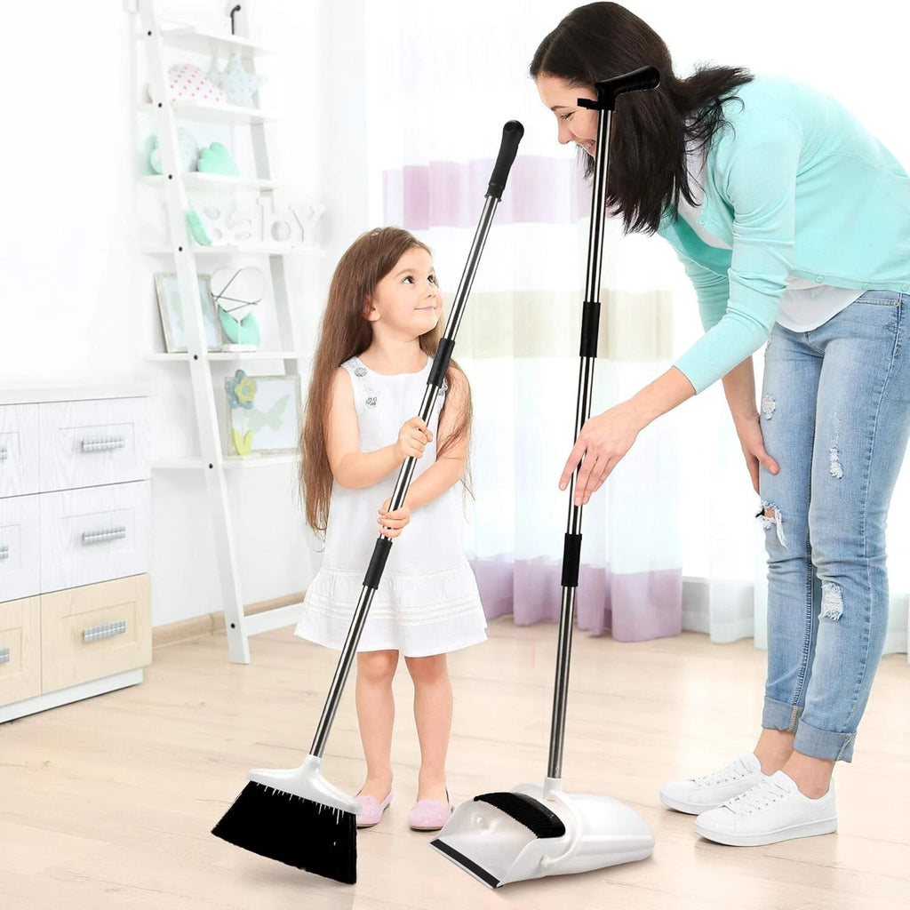 Premium Broom and Dustpan Set Standing Black White Lobby Office Home Salon Tall