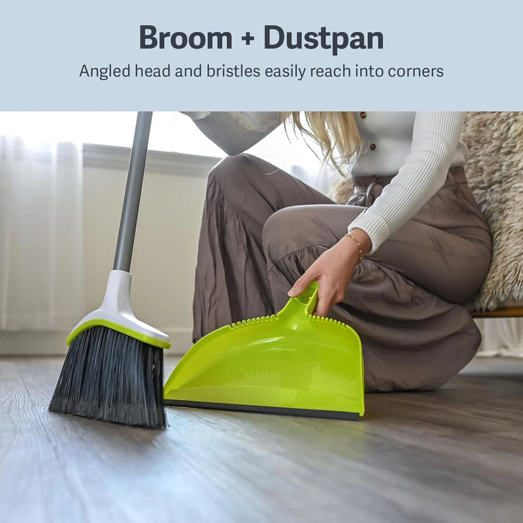 Basics 2 Piece Angled Broom Dustpan Set 44 Inch Long Handle Silver Green