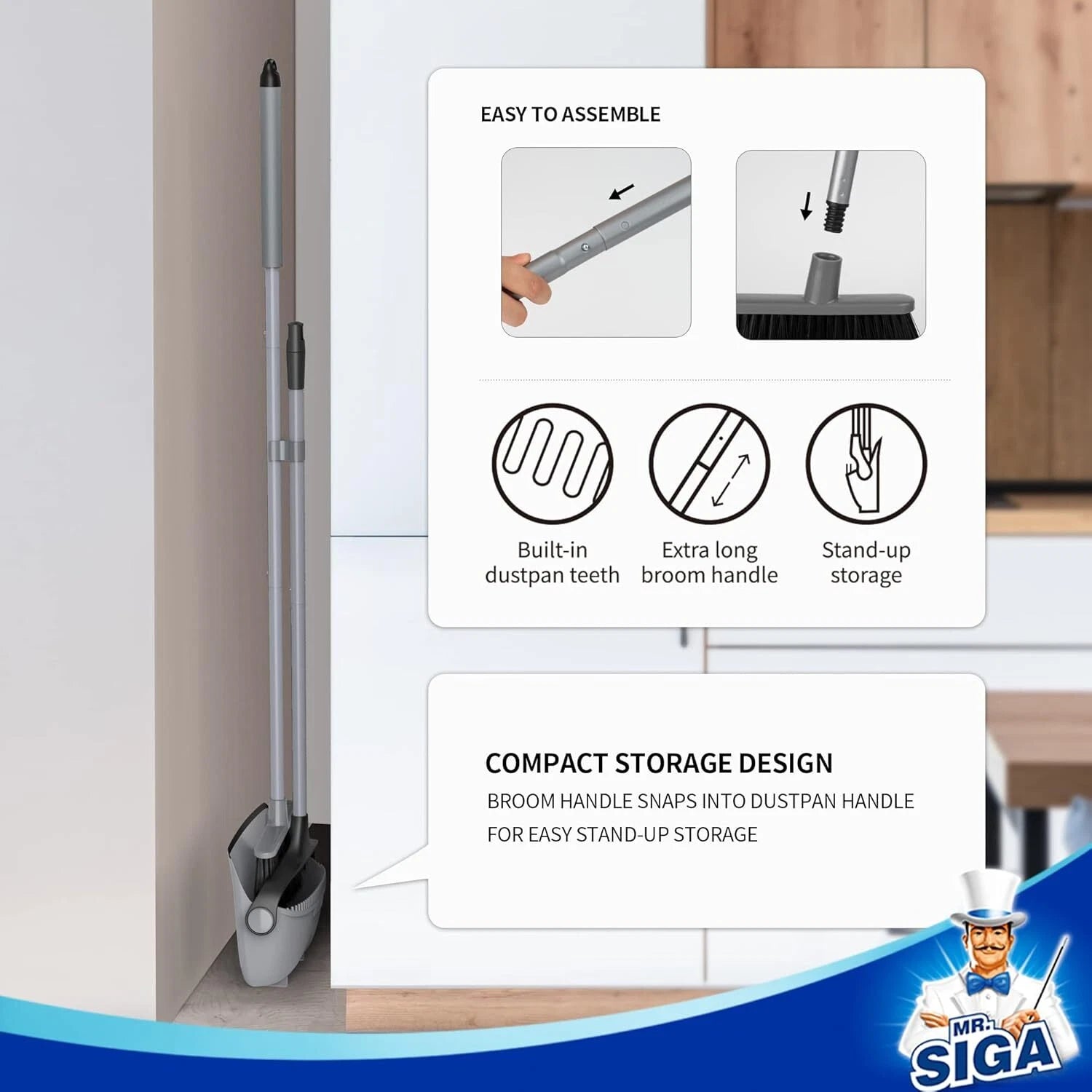 Broom and Dustpan Set with Adjustable Long Handle, Upright Combination