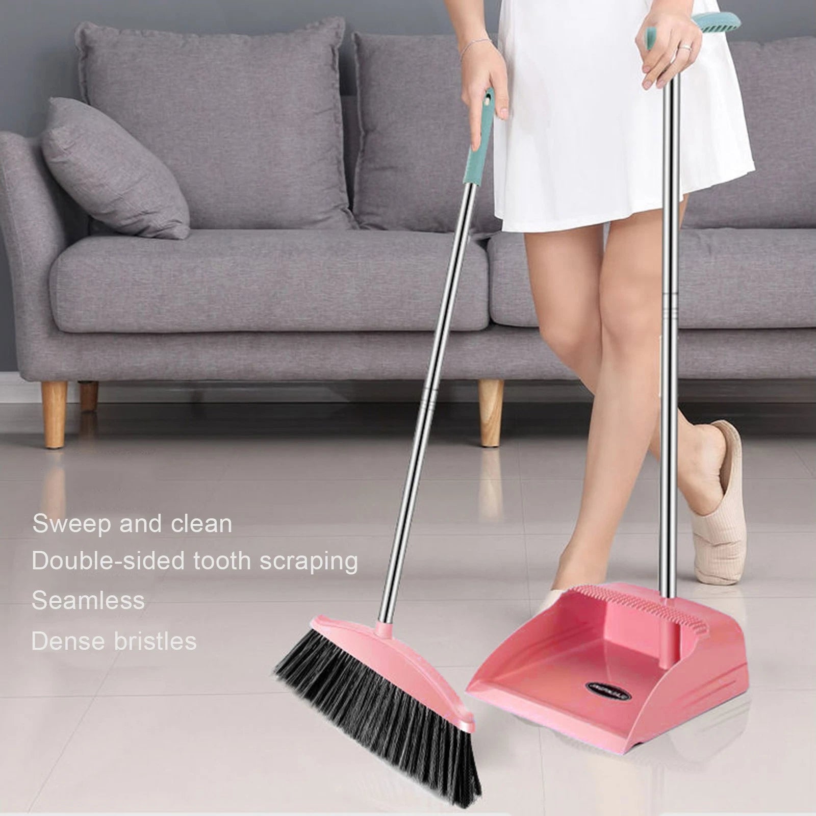 Broom And Dustpan Comb Set For Home Super Long Handle,Upright Standing Dustpan