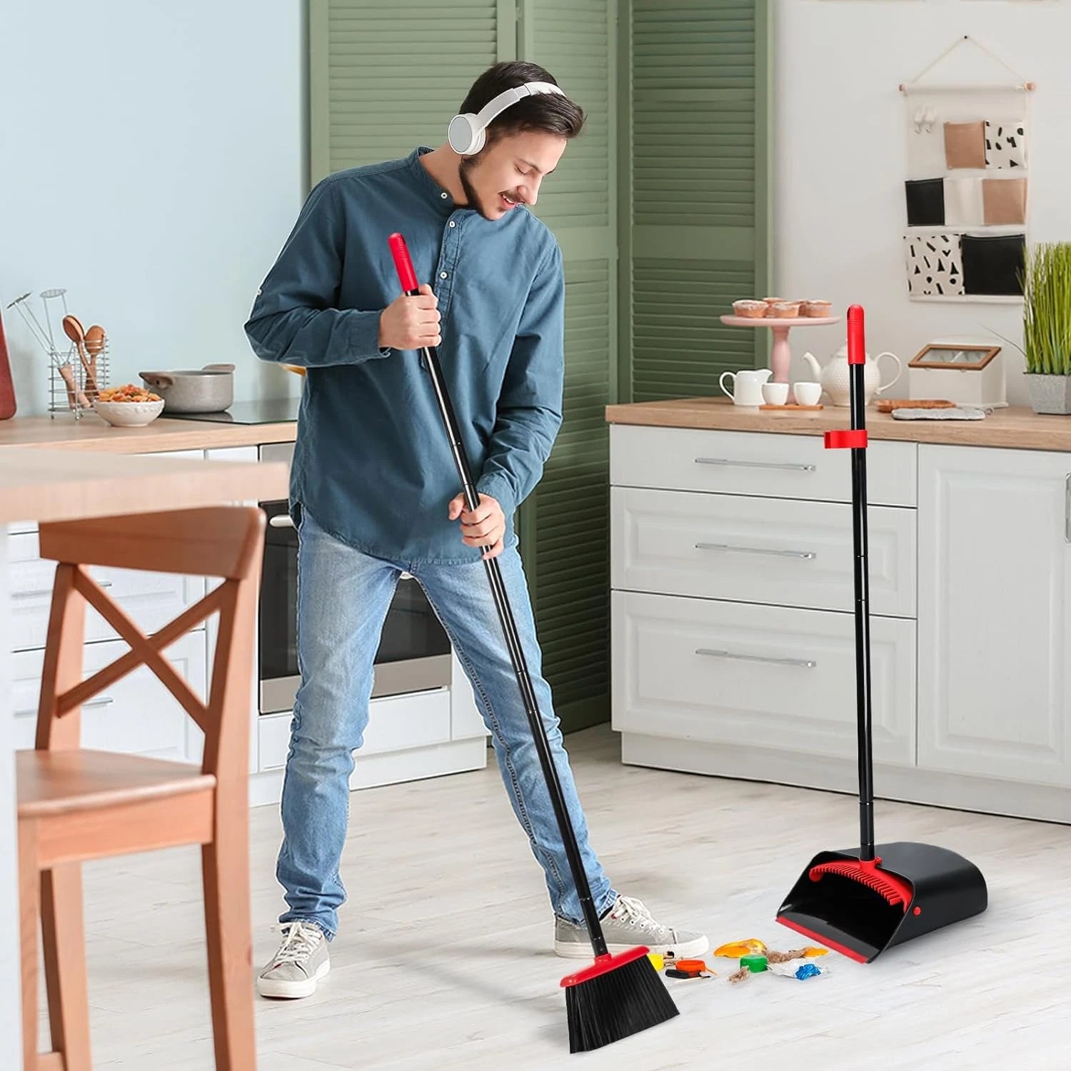 Broom and Dustpan Set for Home,Upright Broom and Dustpan Combo Sweep Set