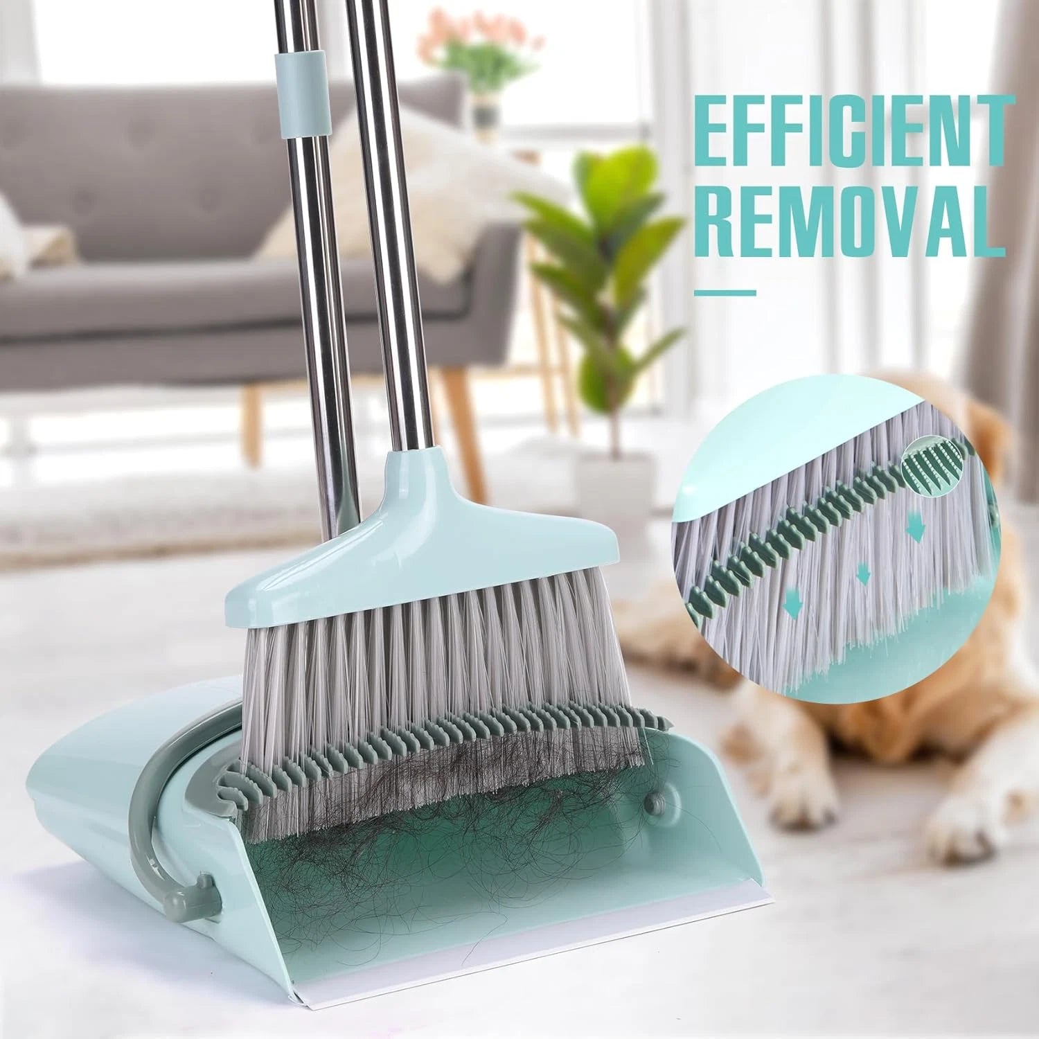 XXXFLOWER Broom and Dustpan Set with Cleaning Teeth, 55" Long Handle Indoor Swee