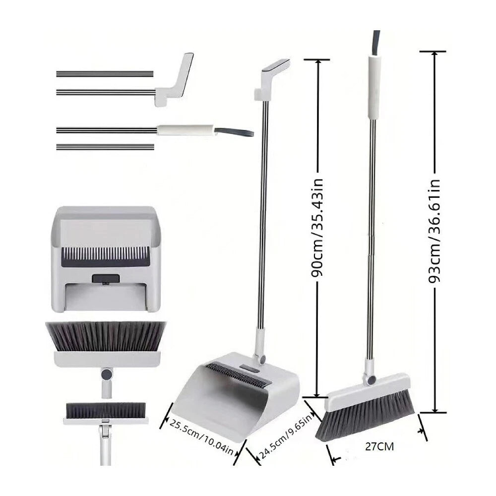 3-In-1 Broom And Dustpan Set 180 Degree Rotatable Broom Dustpan Combo NEW Gray
